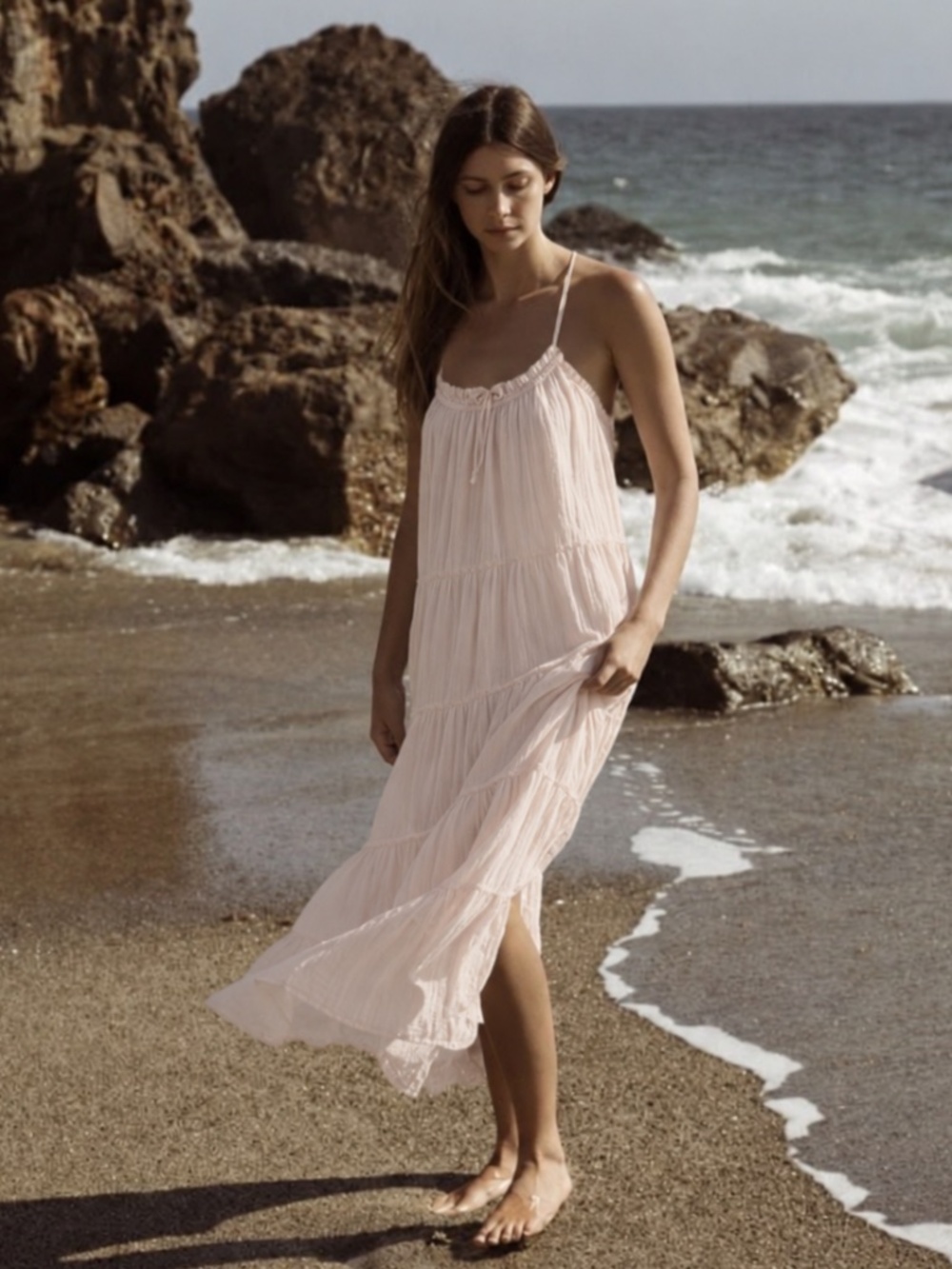 XIRENA Cotton Gauze Tiered Maxi Dress Blush Pink Size Medium